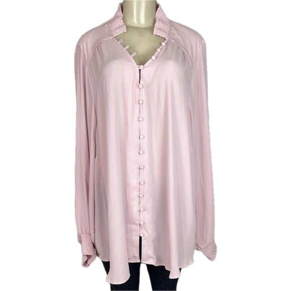 Torrid +4 Pink Sheer Loop Button Down Shirred Collar & Cuffs Long Sleeve Blouse - Picture 2 of 6